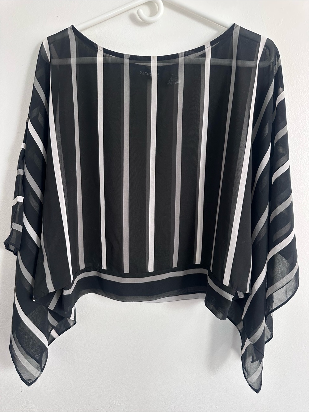 New York & Company Black and White Striped Sheer Poncho Blouse